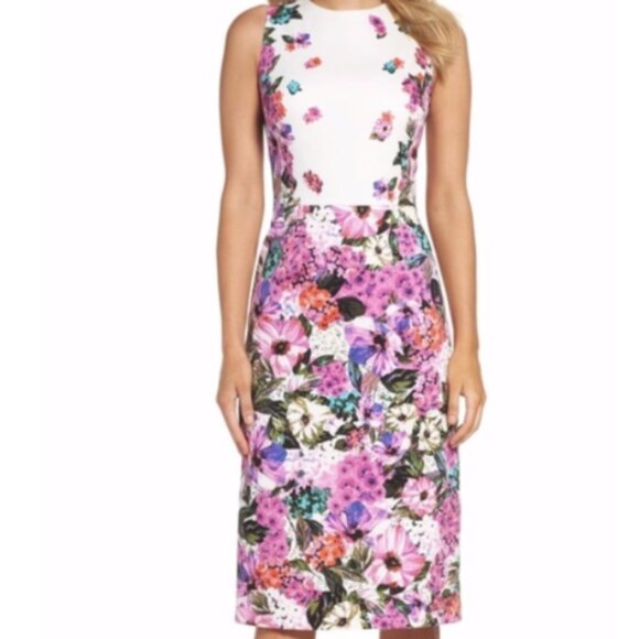 Maggy London Sleeveless Floral Print Sheath Midi Dress Size 2 - Picture 1 of 8